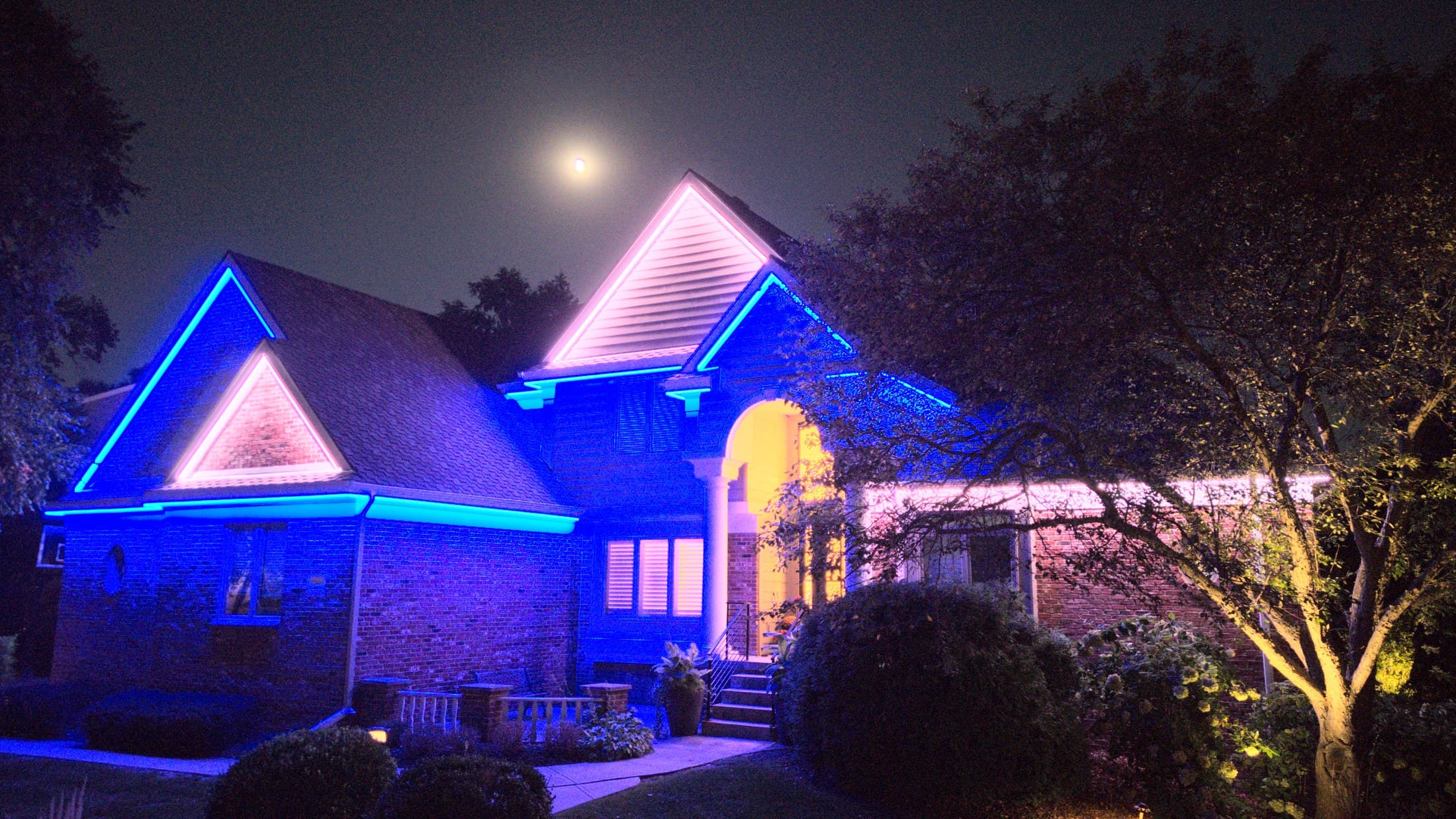 Landscape lighting and tree uplighting at an Omaha home after dark