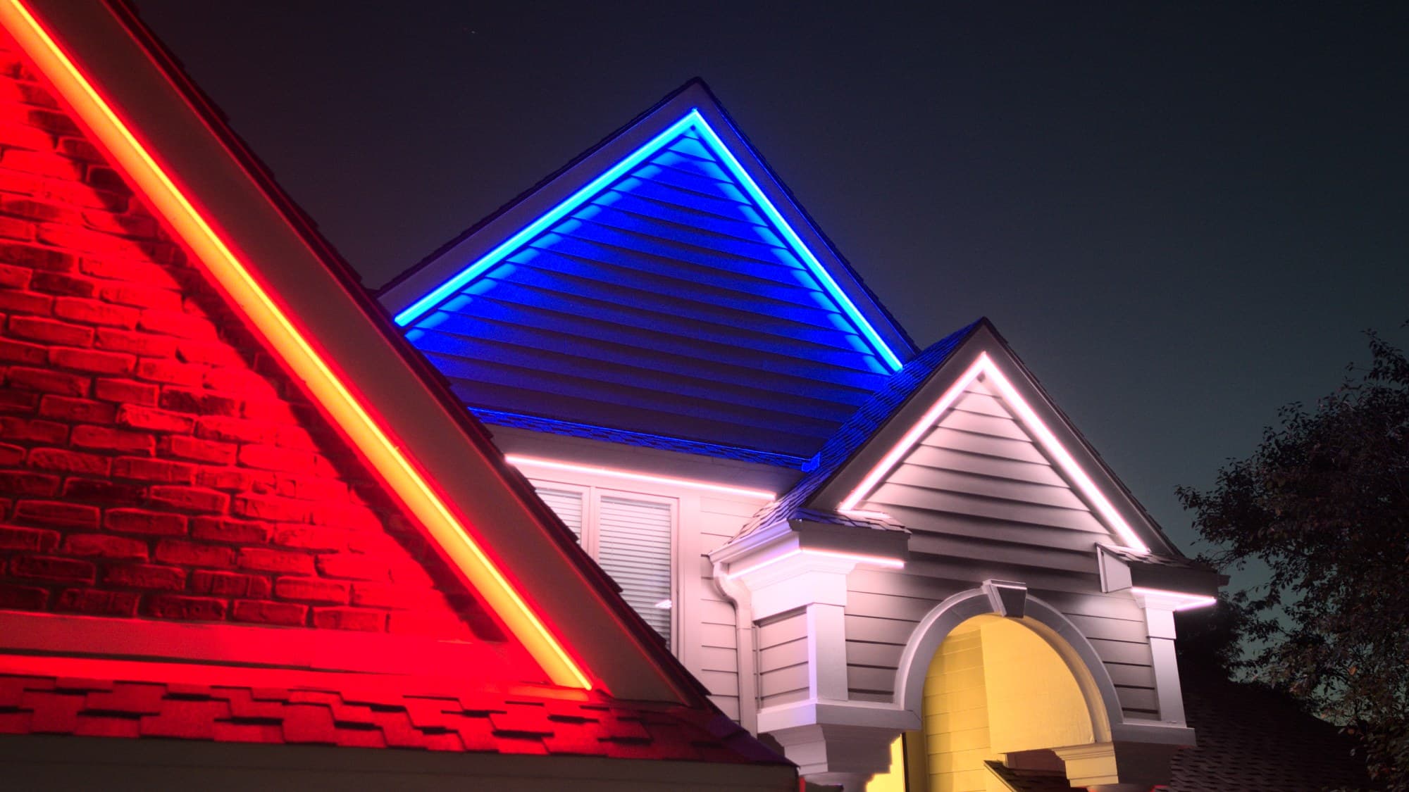 Brytr channel lighting following the gable and eave lines of an Omaha home