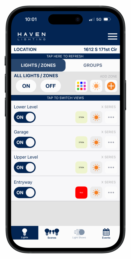 Permanent LED roofline lighting at dusk Brytr Omaha